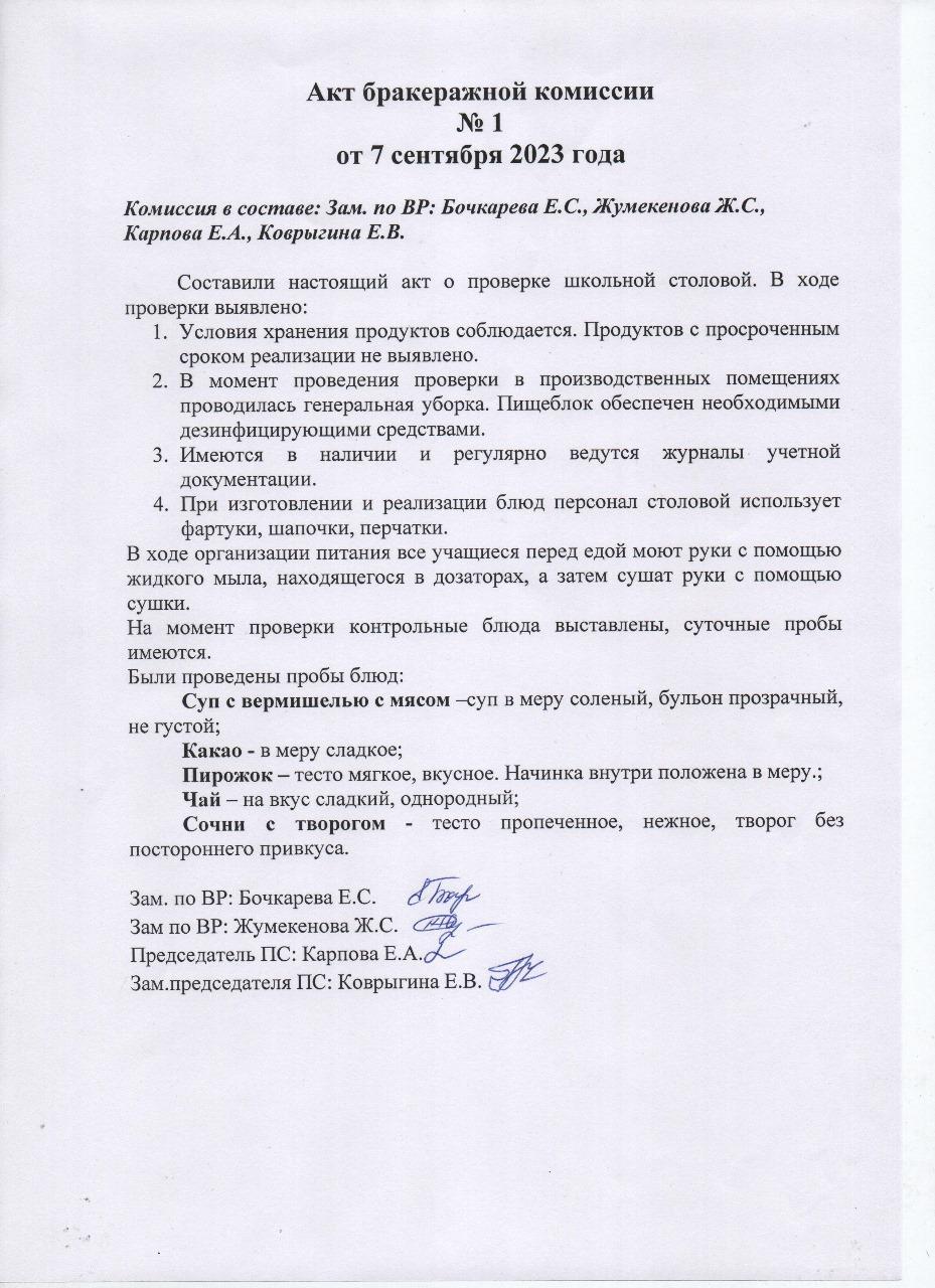 Акт бракеражной комисси №1